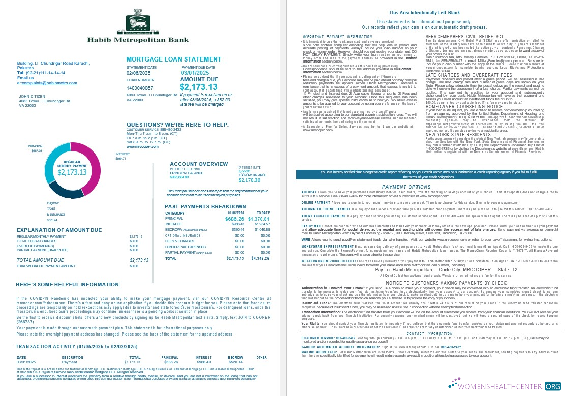 Pakistan Habib Metropolitan mortgage loan statement in Word and PDF formats , 4 pages 1 2